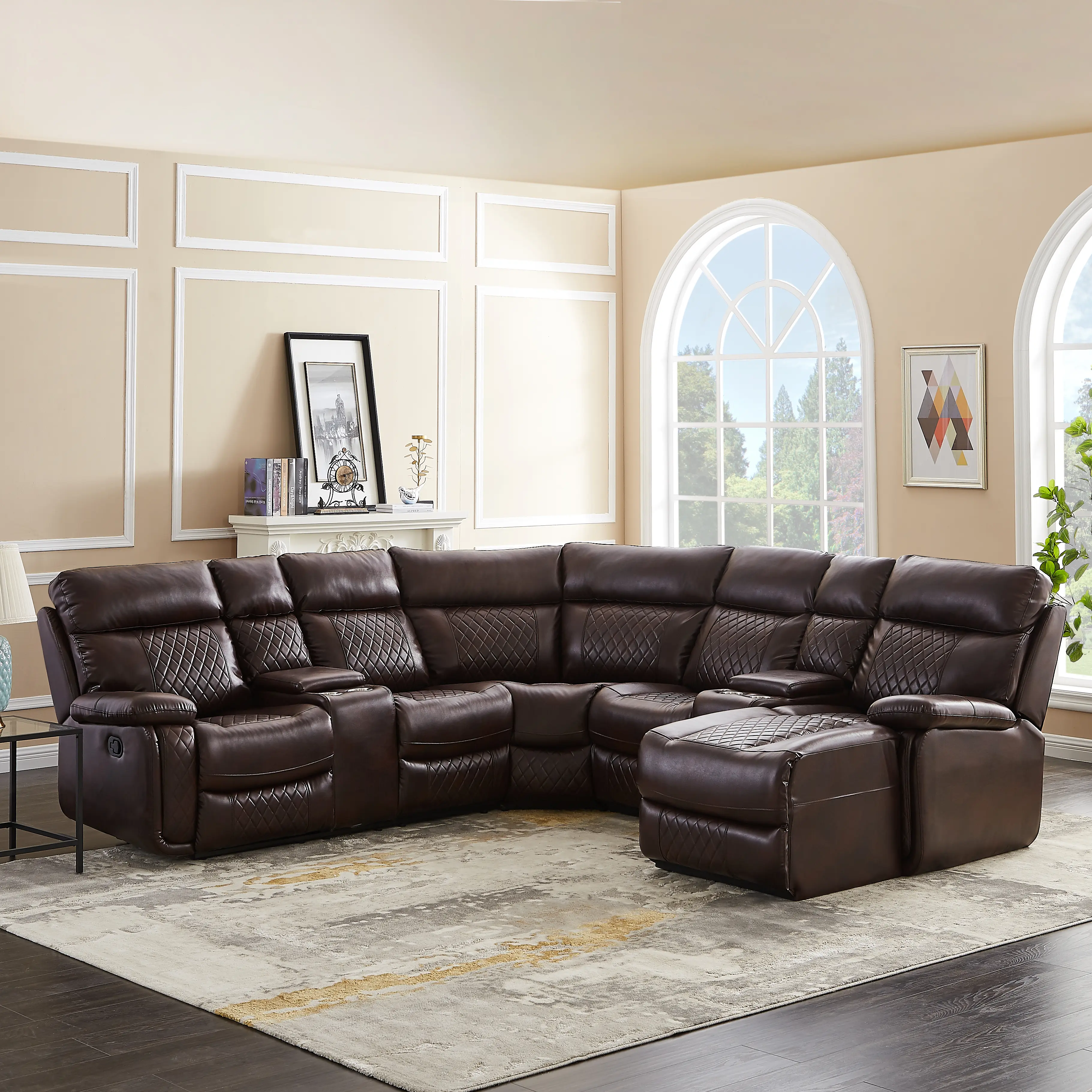 Luxury Brown Leather Sectional Sofa with Recliners, Ottoman, Fixed Arms, Adjustable Features - Furniture, Sofas Living Room, Living Room Decor for Modern Comfort, Includes Ottomans