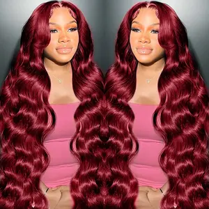 28 Inch 99j Burgundy Lace Front Wigs Human Hair 13x4 HD Red Burgundy Wig Human Hair 180 Density Wine Red Body Wave Lace Front Wigs Pre Plucked Glueless Frontal Wigs for Women summerwins