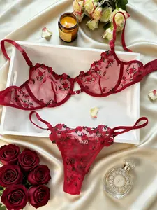 Women's Valentine's Day Holiday Lingerie Set - Burgundy Lace, Floral Embroidery, Mesh Details, 3/4 Coverage, Romantic Vibe, Hand Wash Only