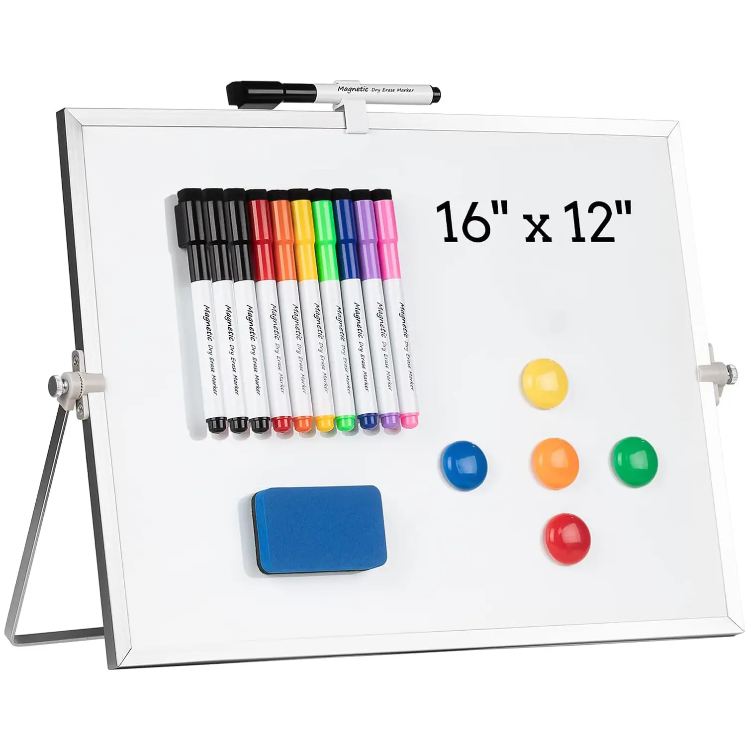 Dry Erase White Board, Magnetic Desktop Whiteboard 16 x 12inch with Stand, 10 Markers, 4 Magnets and 1 Eraser, Portable Double-Sided White Board for Kids Drawing, Office, Home, School