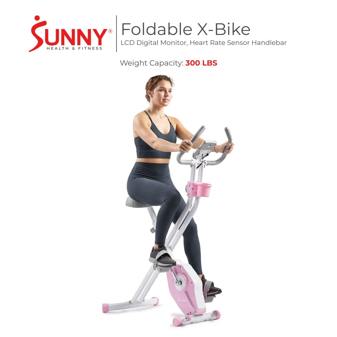 SUNNY Foldable X Bike with LCD Monitor and Heart Rate Sensor Whole Body Workout Home Gym Fitness Equipment with 14 Magnetic Resistance Levels Compact Space Saving Indoor Cycling Exercise Bicycle for Cardio Endurance Training and Low Impact Home Workouts