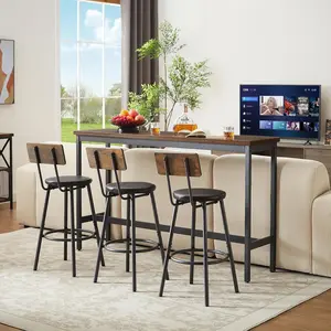 Long Bar Table Set with 3 PU Upholstered Bar Stools, Dining Table and Chair Sets, Industrial Tall Coffee Table and Back Chair for Kitchen, Living Room, Party Room, Small Space,