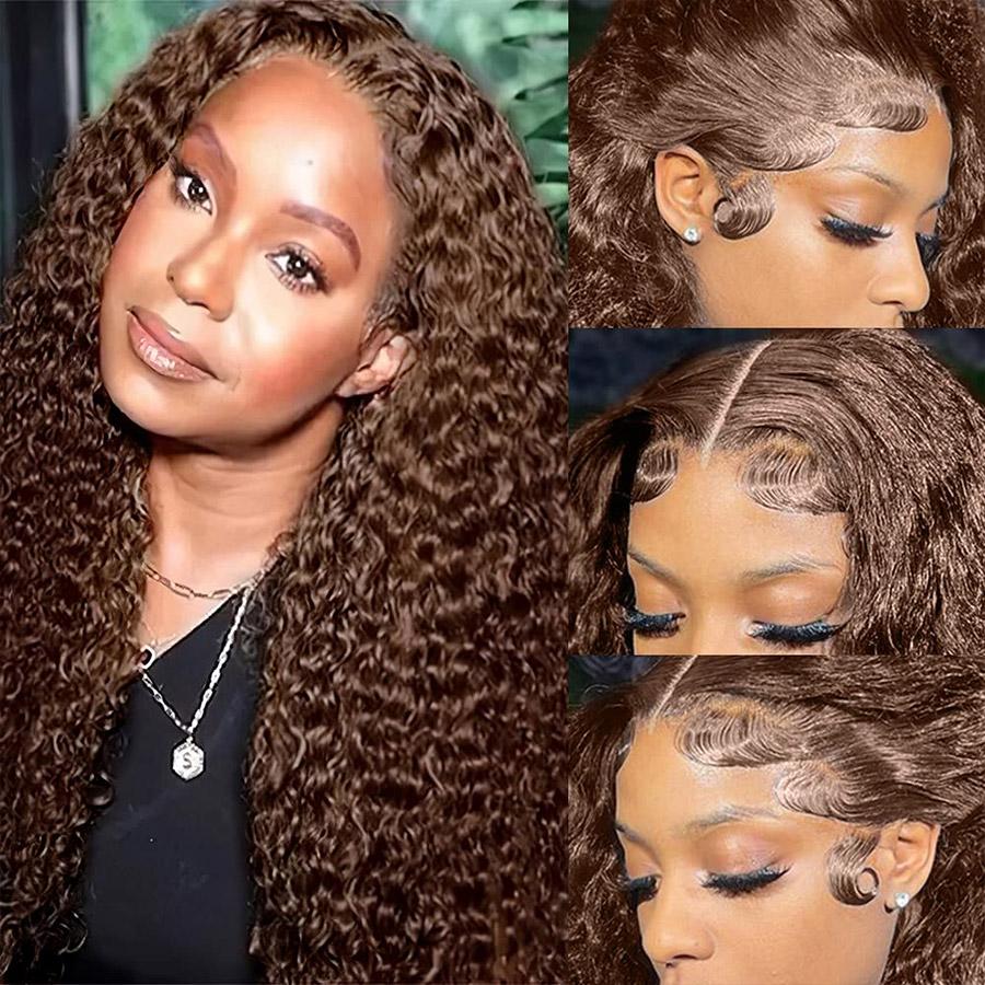 Chocolate Brown Deep Wave Lace Front Human Hair Wig 13x6 13x4 Water Curly Wigs Pre Plucked Color Hd Lace Frontal Wig For Women 180 Density 28 30 32 Inch