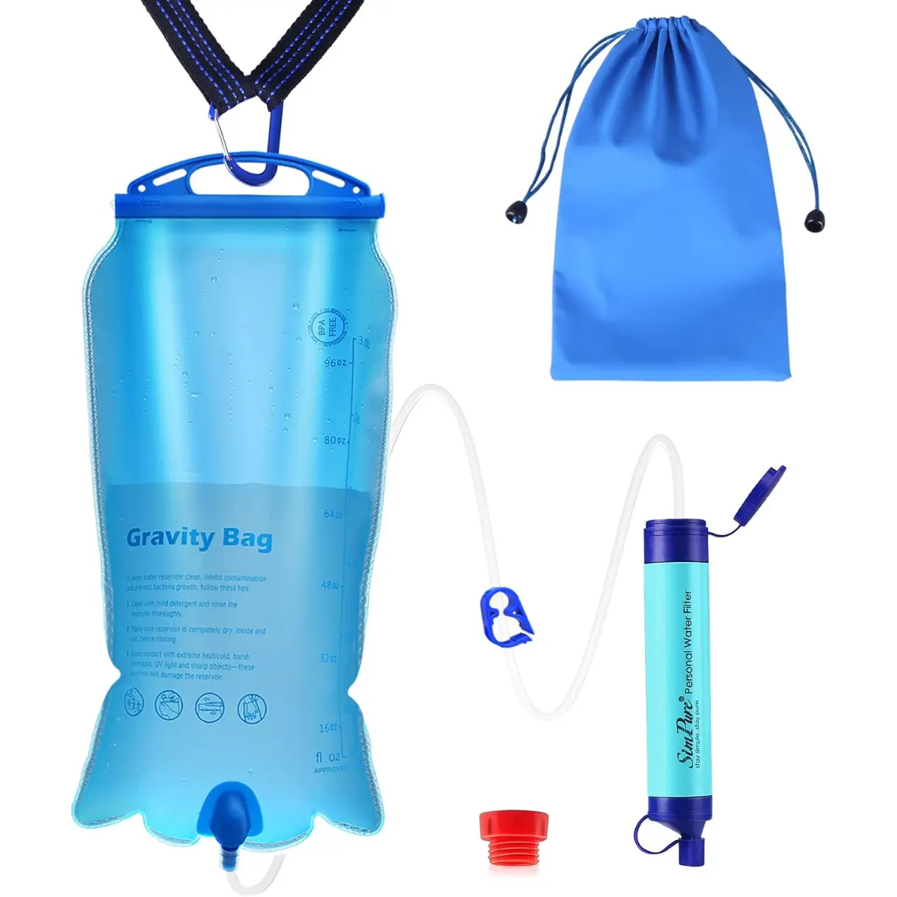 SimPure/WAKIWAKI/MS Gravity Water Filter with 3L Filter Bag Water Storage, Tree Strap, BPA-Free Camping Gear for Survival Camping, Removes Chlorine