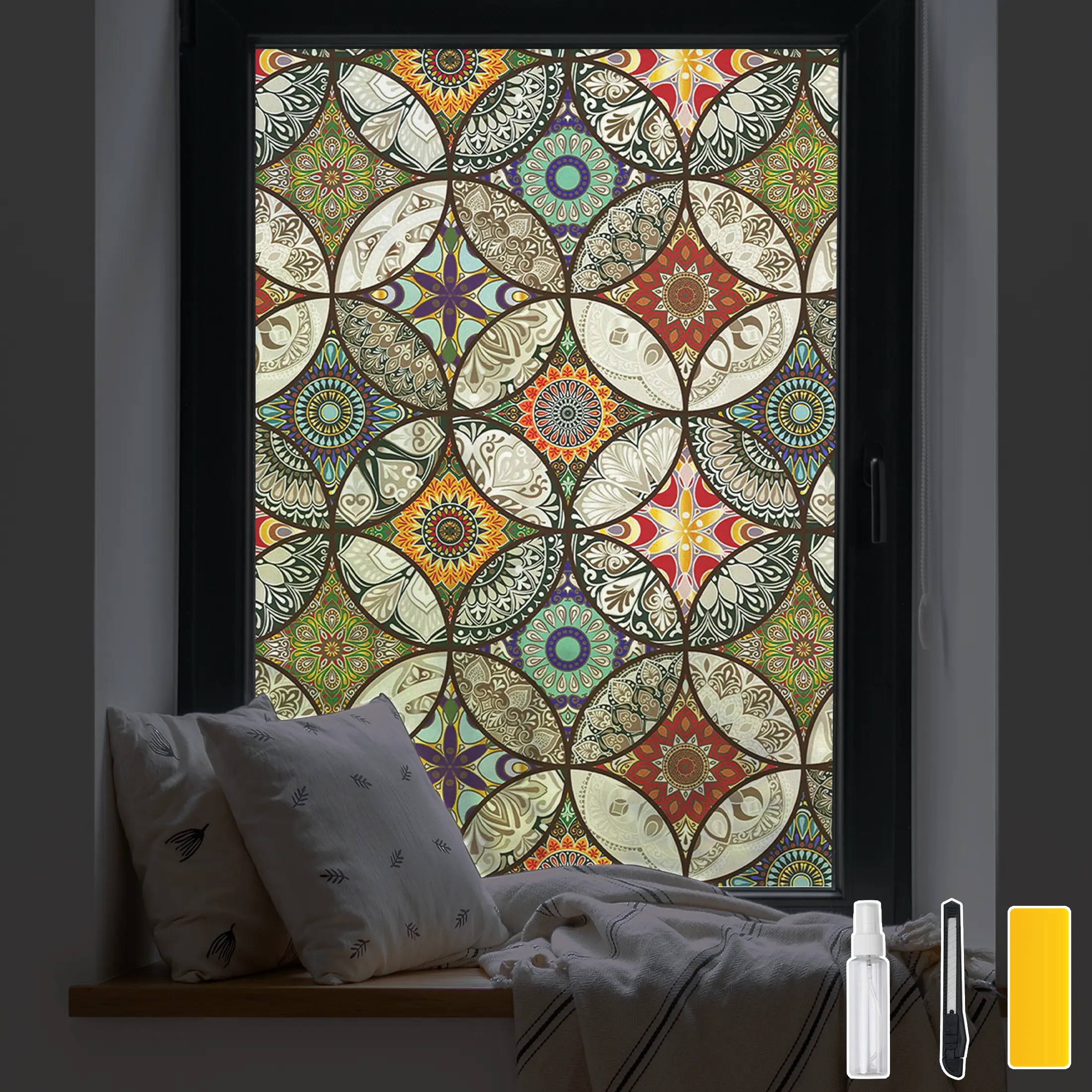 DKTIE 17.7"x78.7" Bohemian Glaze Window Privacy Film, Static Cling Renter-Friendly Decorative Sticker with Artistic Patterns, UV+Heat Safe Removable Glass Cover for Home Bathroom, Window Privacy Films, Room Decor