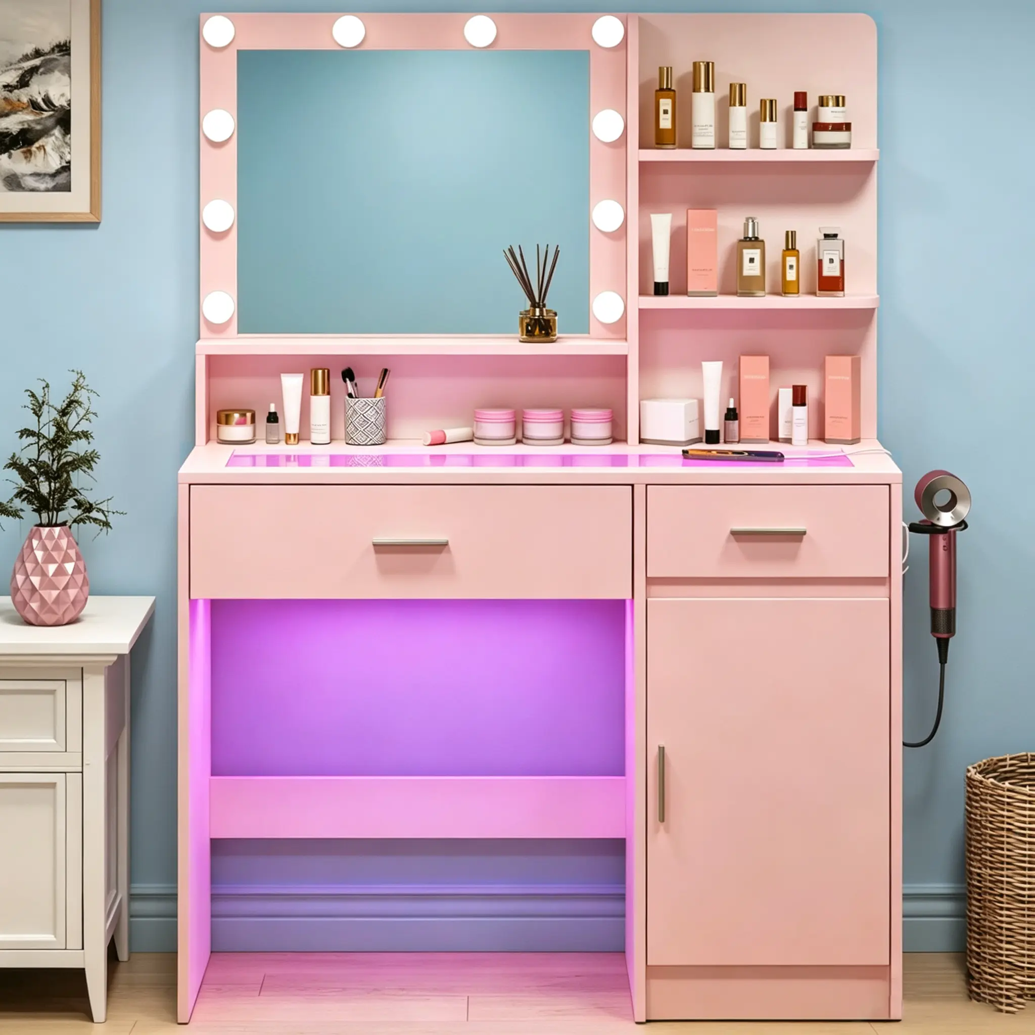 CollaredEagle Vanity Makeup Desk with Mirror for Women & Girls, Bedroom Dressing Table, LED Lighted Makeup Station, Glass Top Vanity Table with Adjustable Brightness, Power Outlet & Storage Drawers
