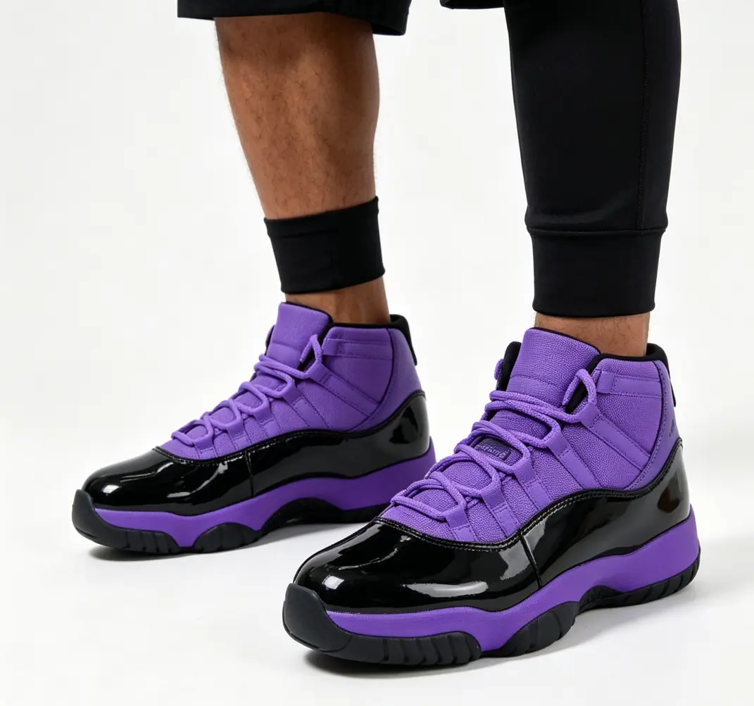 Men’s Black Purple Color Block High Top Patent Leather Basketball Sneakers, Strap Breathable Cushioned Casual Kicks, American Street Hip Hop Vintage Platform Fashion Footwear