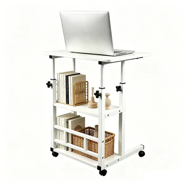 Portable Rolling Computer Laptop Desk on Wheels - Adjustable Height Standing Rustic Drafting Table with 3-Tier Storage Shelves, Mobile Home Office Solution for Small Spaces