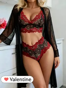 RSLOVE Valentine's Day New Year Women's Lace Lingerie Chemise Sexy V-Neck Babydoll Sleepwear Tummy-Friendly Ultra Flattering Floral Embroidery Scallop Lace Trim Bra Panty Adjustable Strap   Breathable