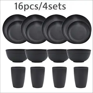 16-Piece Wheat Straw Cutlery & Tableware Set, Reusable, Shatterproof, Outdoor-Ready, Matte Sandblasted Coating for Secure Grip With Wet Hands