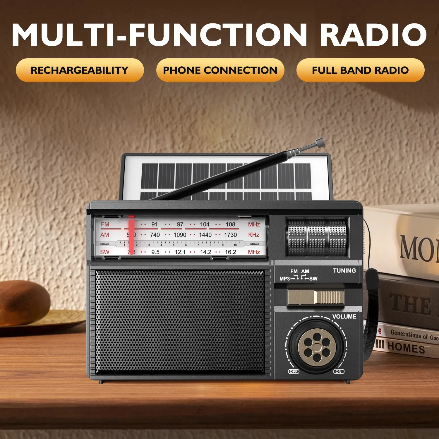 Multifunctional portable radio that supports FM/AM/SW multi-band reception, equipped with a solar charging panel, Bluetooth/USB flash drive/TF card multi-mode playback, long battery life and loud volume, stable signal—ideal for home decor and gifting.