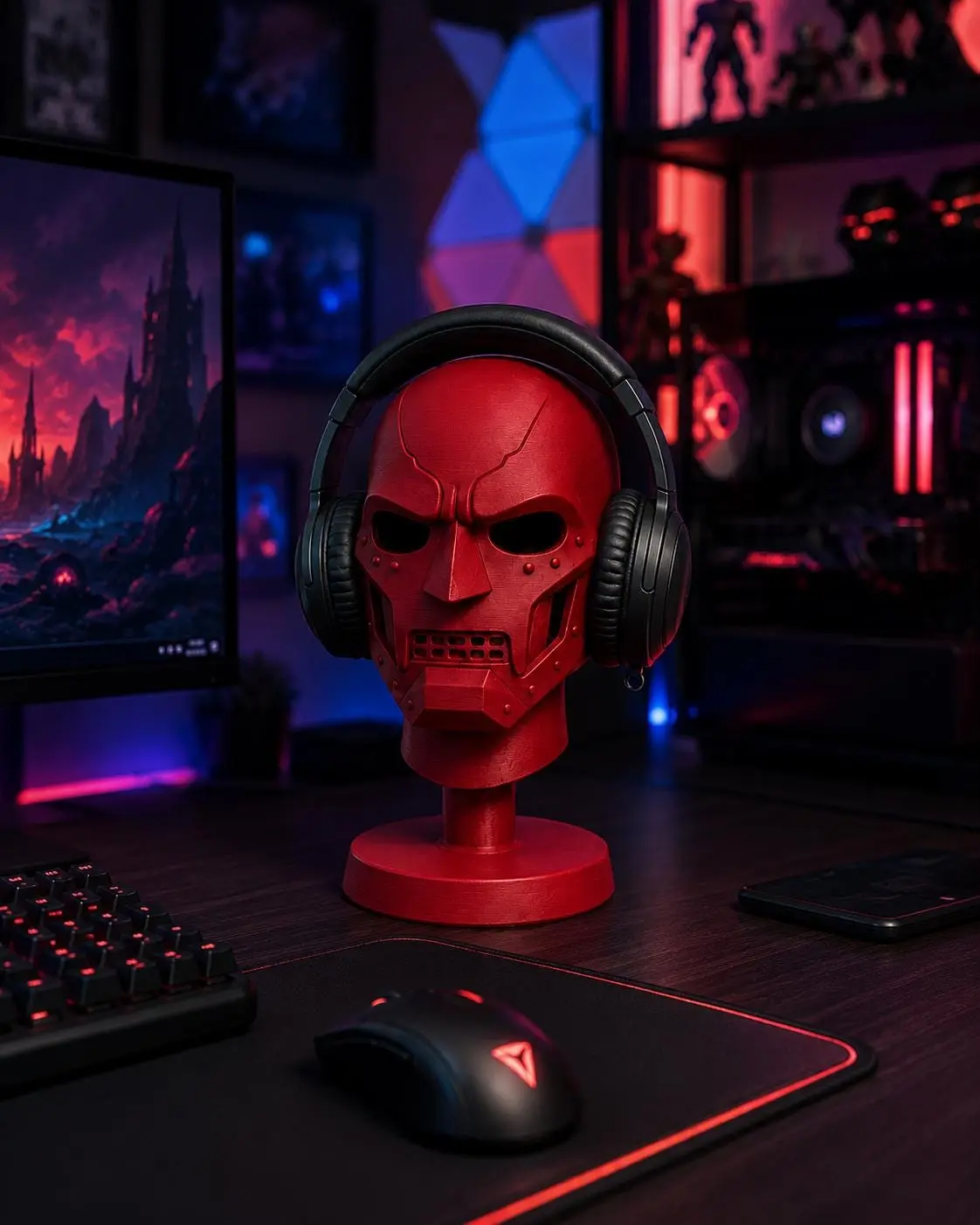 Cybernetic Villain Tabletop Headphone Stand - Durable Aesthetic Audio Accessory with Functional Design, Fits Headphones, Futuristic Helmets, 9.1x6x5.4" Size