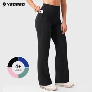 YEOREO Straight Leggings with Pockets for Women No Front Seam Workout Leggings High Waist Wide Leg Yoga Pants - 29"/ 31.5"