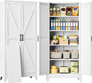 Yizosh Metal Storage Cabinet with Doors and 4 Adjustable Shelves 75" White Kitchen Pantry Storage 5 Tier Tall Steel Cabinet Locker for Kitchen Living Room Dining Room