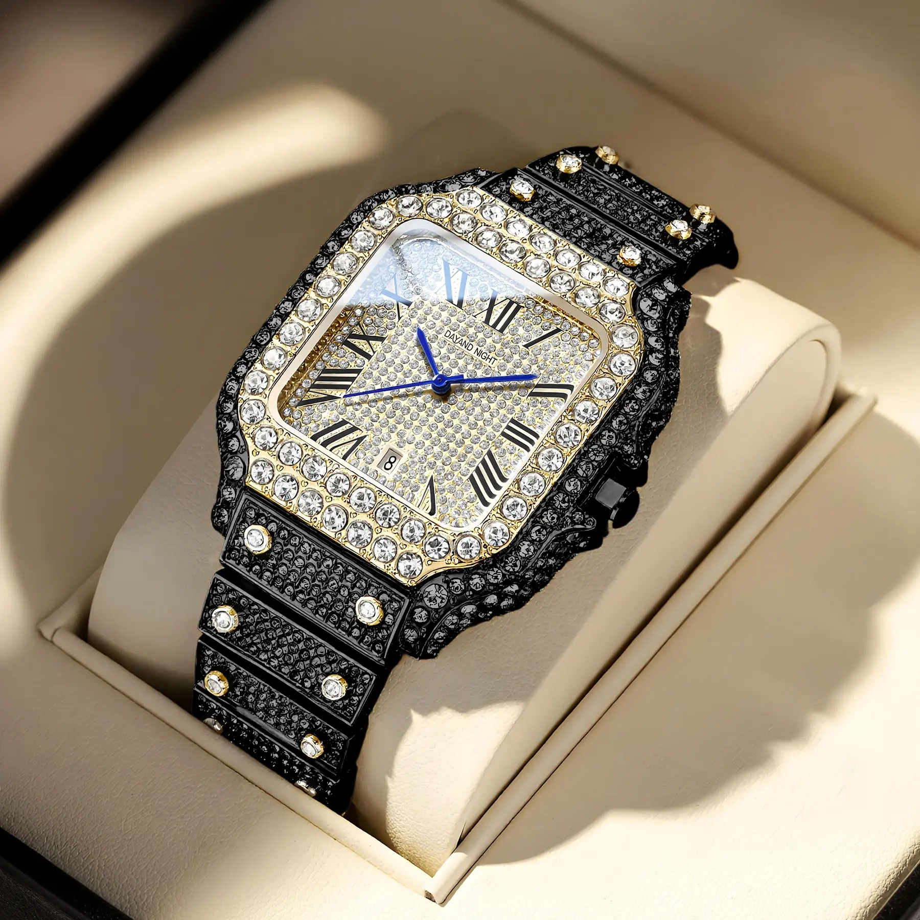 Dayand Night 2026 New Diamond-Embellished Jeweled Luxury Iced-Out Moissanite Roman Quartz Silver Watch - Luxurious Mineral Glass Dual-Gender Timepiece, Men's Fashion Accessory for Business Banquets & Daily Wear, Ideal Gift, Diamond-Embellished Quartz Watc