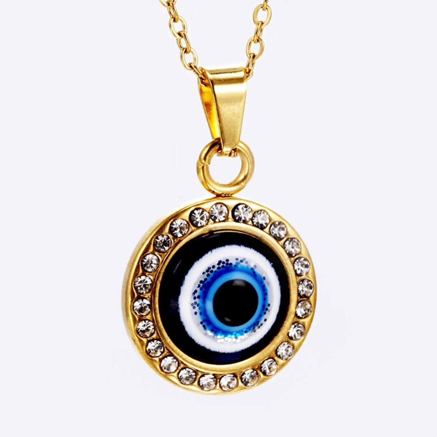 18K Gold Stainless Steel Diamond Set Devil's Eye Pendant Turkish Blue Eye Titanium Steel Necklace