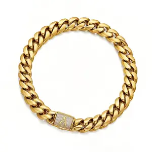 14MM Cuban Link Dog Chain Collar, Stainless Steel Solid Dog Chain & Custom Letter Lock for Small Medium Large Dogs Personalized, Black Metal Plated, Heavy Duty Chew-Proof Dog Necklace, Sizes 10–30 Inch Trendy