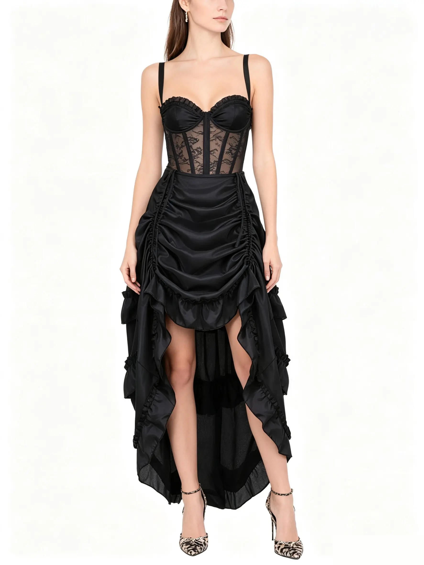 Novall Ruffle Midi Skirt High Low Skirt Adjustable Drawstring Ruched Skirt Gothic Skirt Halloween Costume Skirt Steam Punk Outfit Slimming Skirt for Pear Shapes Dark Aesthetic Clothing Cosplay Party Skirt Daily Versatile Black Skirt Tummy Hiding Skirt