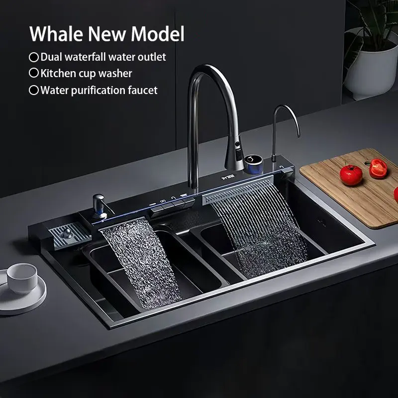 Modern Waterfall Kitchen Sink with Integrated whale faucet,cutting board, drain basket, complete drainage kit, Heavy duty Stainless Steel Workstation Sink, Multifunctional Sink for Kitchen Decor