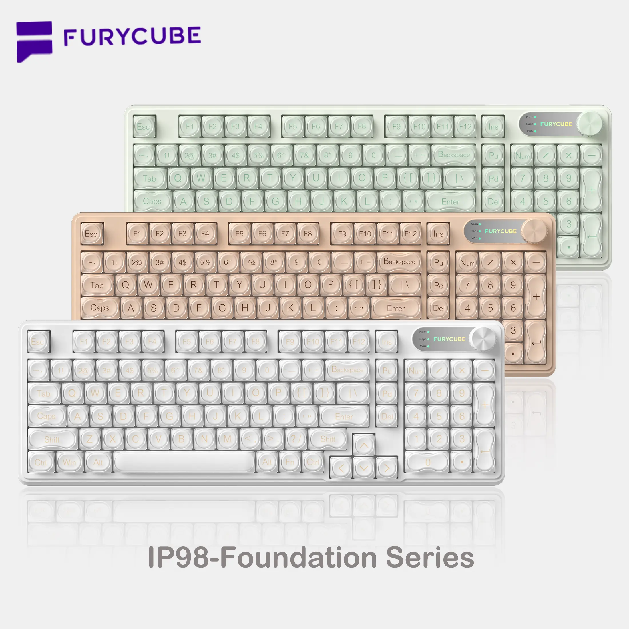 FURYCUBE IP98 Foudation Keyboard, 98 keys with Knob Transparent Keycaps Tri-Mode BT/2.4GHz/USB-C Cute Classic Keyboard with Number Pad, Media Knob Custom Mechanical Feel Keyboard, RGB Backlit Work/Office/Gaming Silent Keyboard, Budget Gift, Dealsforyou