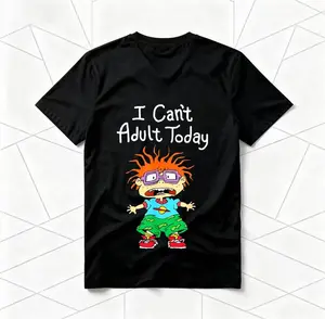 "I Can't Adult Today" Rugrats Cartoon American Retro Black Short-Sleeved Unisex T-Shirt, Nostalgic 90s Character Graphic, Casual Streetwear for Cartoon & Meme Enthusiasts, Unique Quirky Pop Culture Fashion Statement Piece Game funny crewneck menswear Fabr