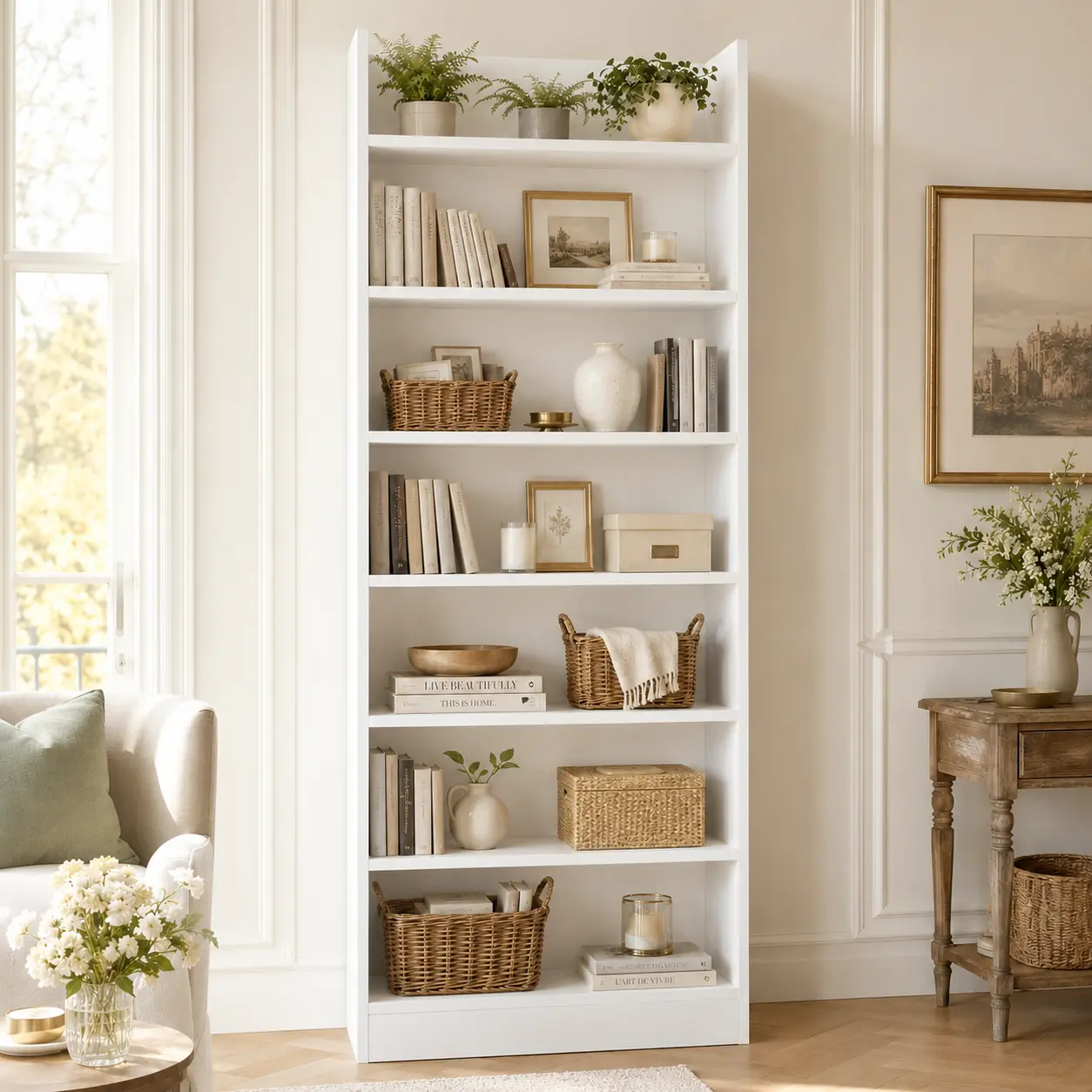 【Back To School】Costoffs Modern 7-Layer Particle Board Bookshelf - Adjustable Shelves, Safety-First Office Furniture, Family Friendly Books Storage for Home Office, Bedroom, Apartment (Each Shelf 22 lb, Total 154.3 lb, Requires Assembly)