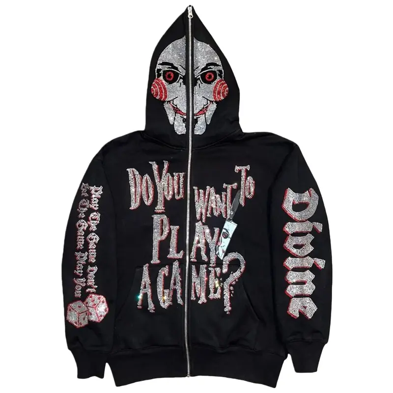Gothic Rhinestone Zip-Up Hoodie, Unisex Loose Fit Fleece Sweatshirt with Bold Lettering, Hip-Hop Style Long Sleeve Jacket, Dark Streetwear Women's Hoodies, Hooded, Hangable Foldable, Rhinestone Print