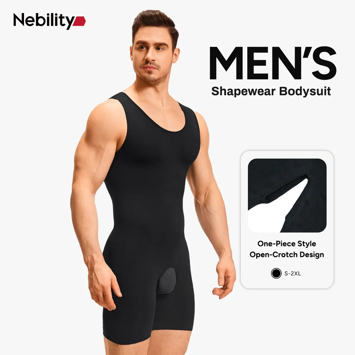 Nebility Men's High Compression Shapewear Bodysuit – U-Neck One-Piece with Tummy Control & Chest Support, Ideal for Gym & Workouts,fathersdaygift