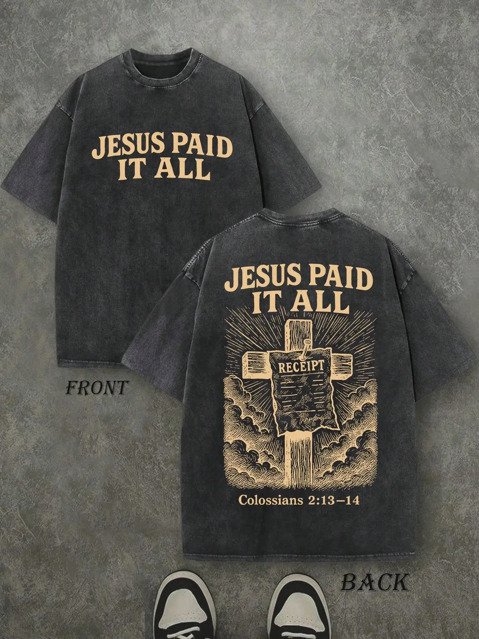 Retro Washed T-Shirt Double Sided Printed 230 Pure Cotton 'JESUS PAID IT ALL' Letter & Cross Pattern Christian Gift Men's Casual Comfortable Fashionable Street Style Cotton Short Sleeve washed pure cotton fathersdaygift
