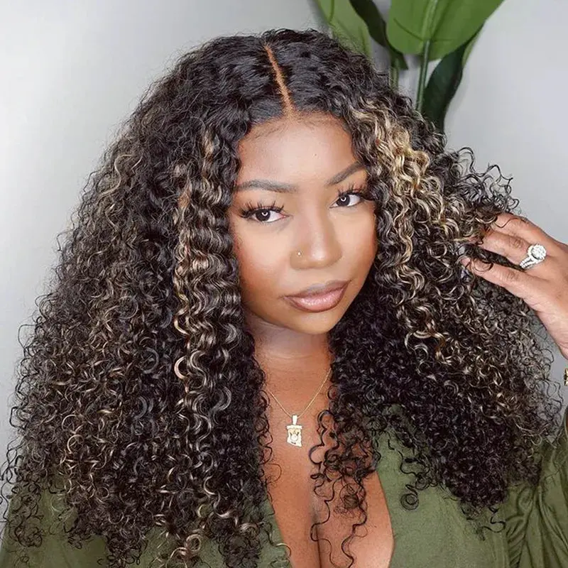 【Lowest Price: 24" Only $119】Trendy Ready to Wear Blonde Highlight Glueless 4x4 Pre Cut Lace Kinky Curly Wigs with Pre Plucked Hairline & Bleached Knots