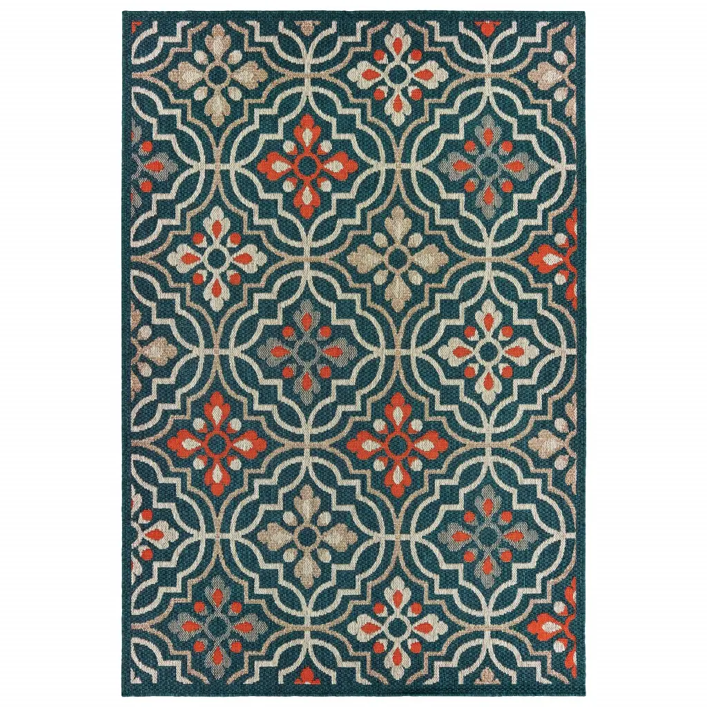 HomeRoots 388361 Bright Floral Lattice Area Rug - 5x7 ft, Bold Colors and Patterns, Blue & Orange, Indoor Outdoor Use, Bright Floral Area Rugs, Bold Colors And Patterns Area Rugs