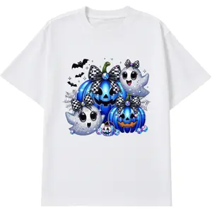 Halloween Cute Ghosts and Blue Pumpkin Graphic Tee for Women Perfect for Halloween Parties Everyday Fall Wear and Spooky Events Short Sleeved Top