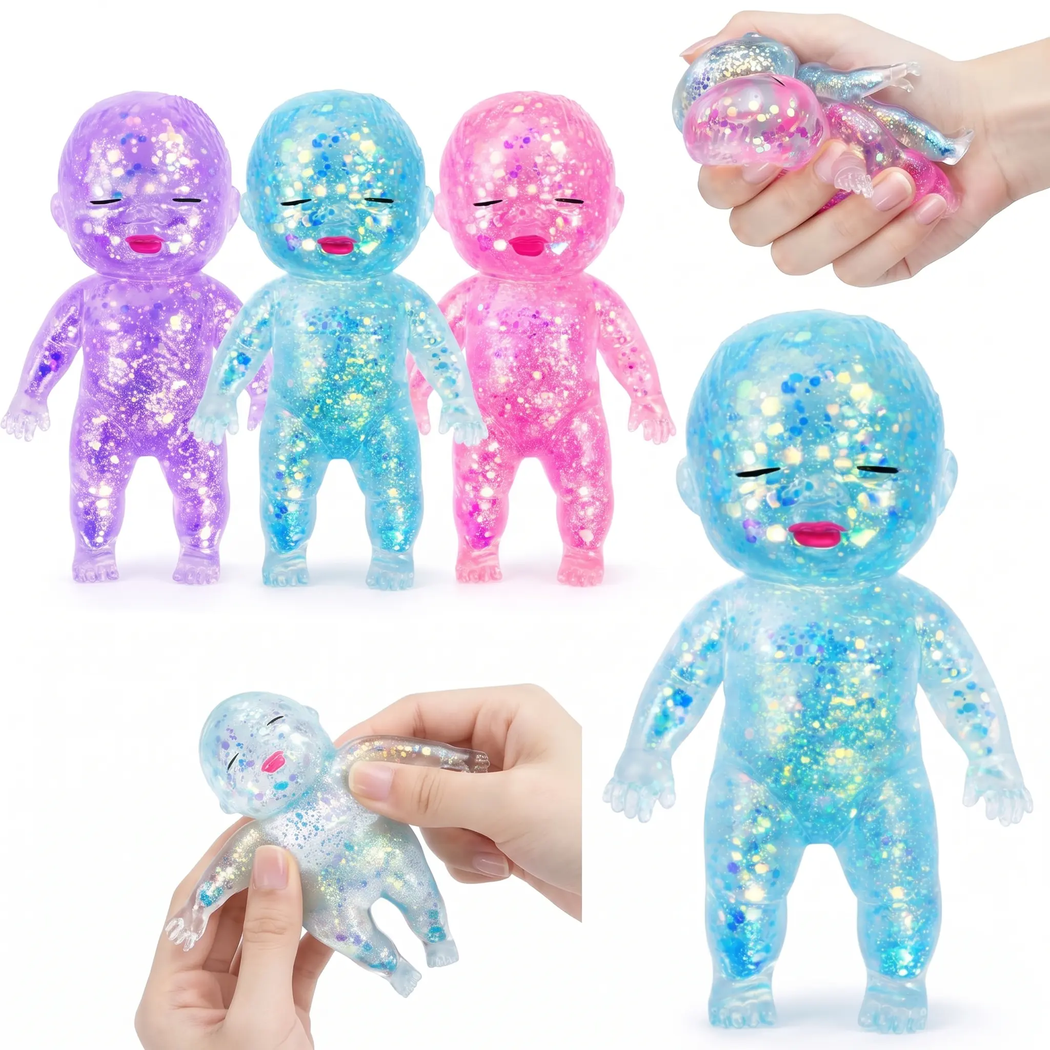 Glitter Doll Squishy Fidget Toy, 4.3 Inch Sparkly Clear Sensory Squeeze Toy, Soft Stretchy Decompression Figurine, Anxiety Stress Relief Toy for Teens Adults, Novelty Desk Decor, Ideal Birthday Gift, Party Favor, Classroom Reward【b