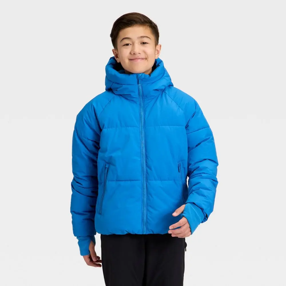 Boys' Casual Fit Hooded Puffer Jacket - At Hip Length, Full Zip Front, All In Motion, Hooded Neck