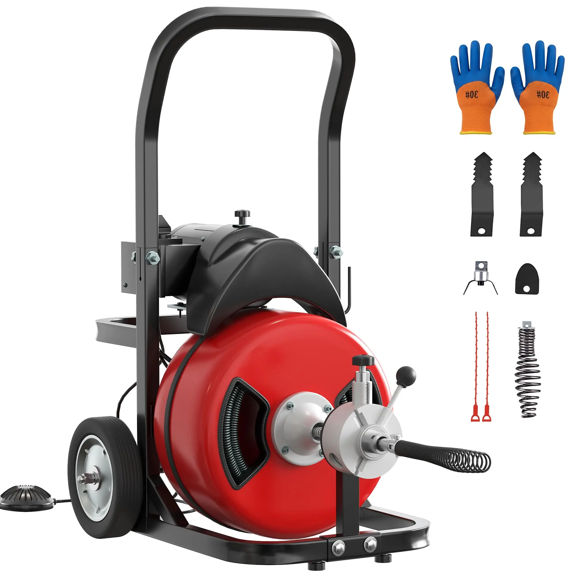Garvee Electric Drain Cleaner Machine, 100FT x 1/2In Steel Core Cable Drain Clog Remover, 370W Portable Unit with Sewer Auger, Cutter, Air-Activated Foot Switch, Wheels for Home & Commercial Use