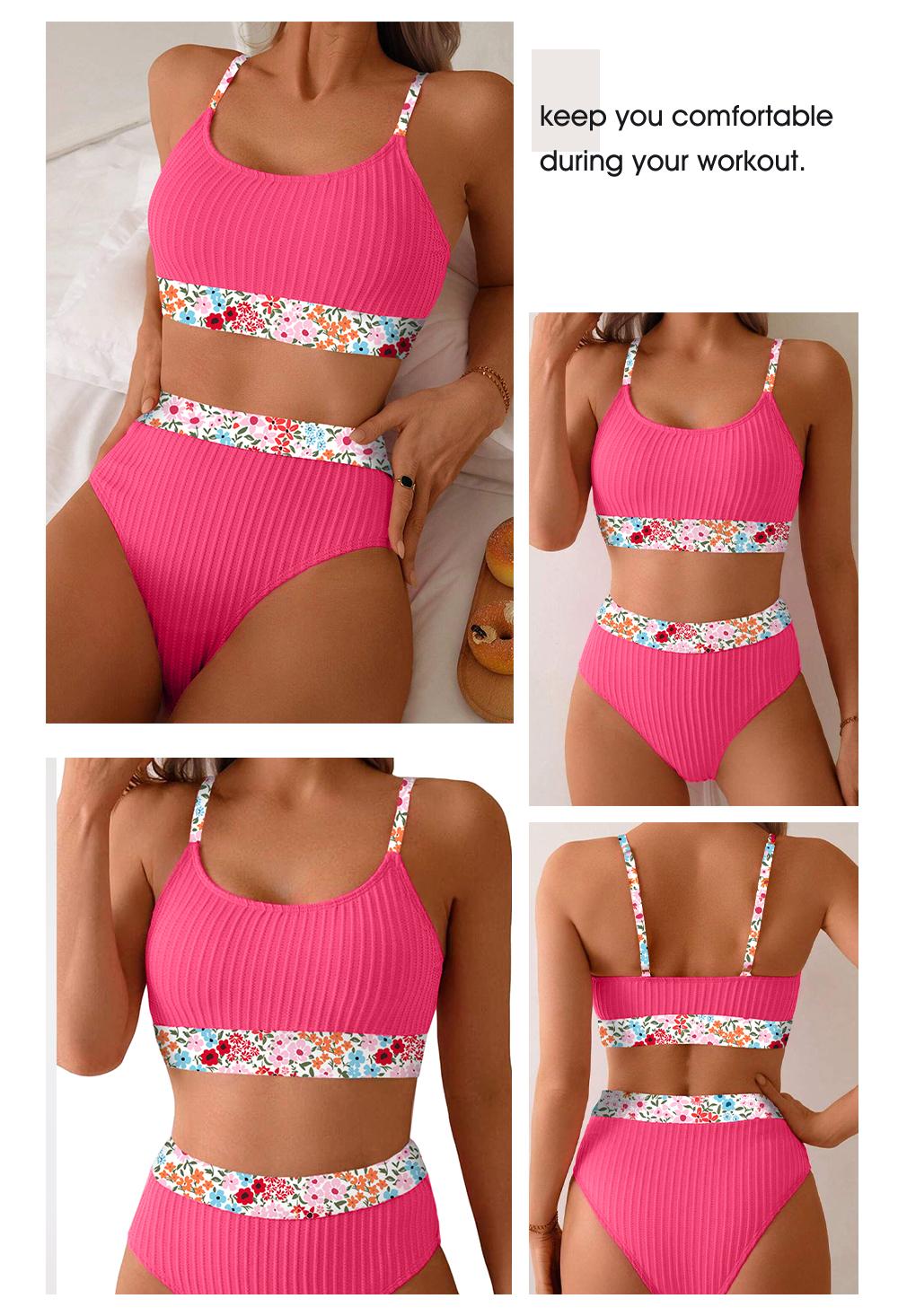 Aleumdr Women's Ribbed Textured High Waisted Bikini Set Floral Trim Two Piece Swimsuit with Adjustable Straps Stretchy Jacquard Fabric Tummy Control Swimwear for Beach Pool and Vacation SpringStatements