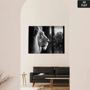2D Flat, Large Modernist Abstract Lion Painting - Black and White Lion Looking Out Window Wall Art, Minimalist Monochrome Decor for Living Room, Bedroom, Office - Wrapped Canvas Framed Poster - Contemporary Home Decoration, Bedroom Wall Decor Above