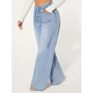 Women's Jeans Chic Womens Blue Drawstring Jeans - Comfort Elastic Waist, Relaxed Baggy Style, Distressed Washed Wide Legs - Premium Denim Clothing