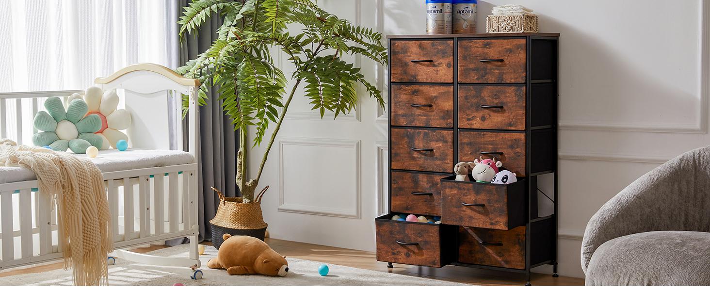 Tall Dresser for Bedroom with 10 Fabric Drawers, Organizer Units for Closet, Storage Tower with Cabinet, Metal Frame, Rustic Brown Wood Grain Print Dressers Tall Dresser for Bedroom with 10 Fabric Drawers, Organizer Units for Closet, Storage Tower with Cabinet, Metal Frame, Rustic Brown Wood Grain Print Dressers