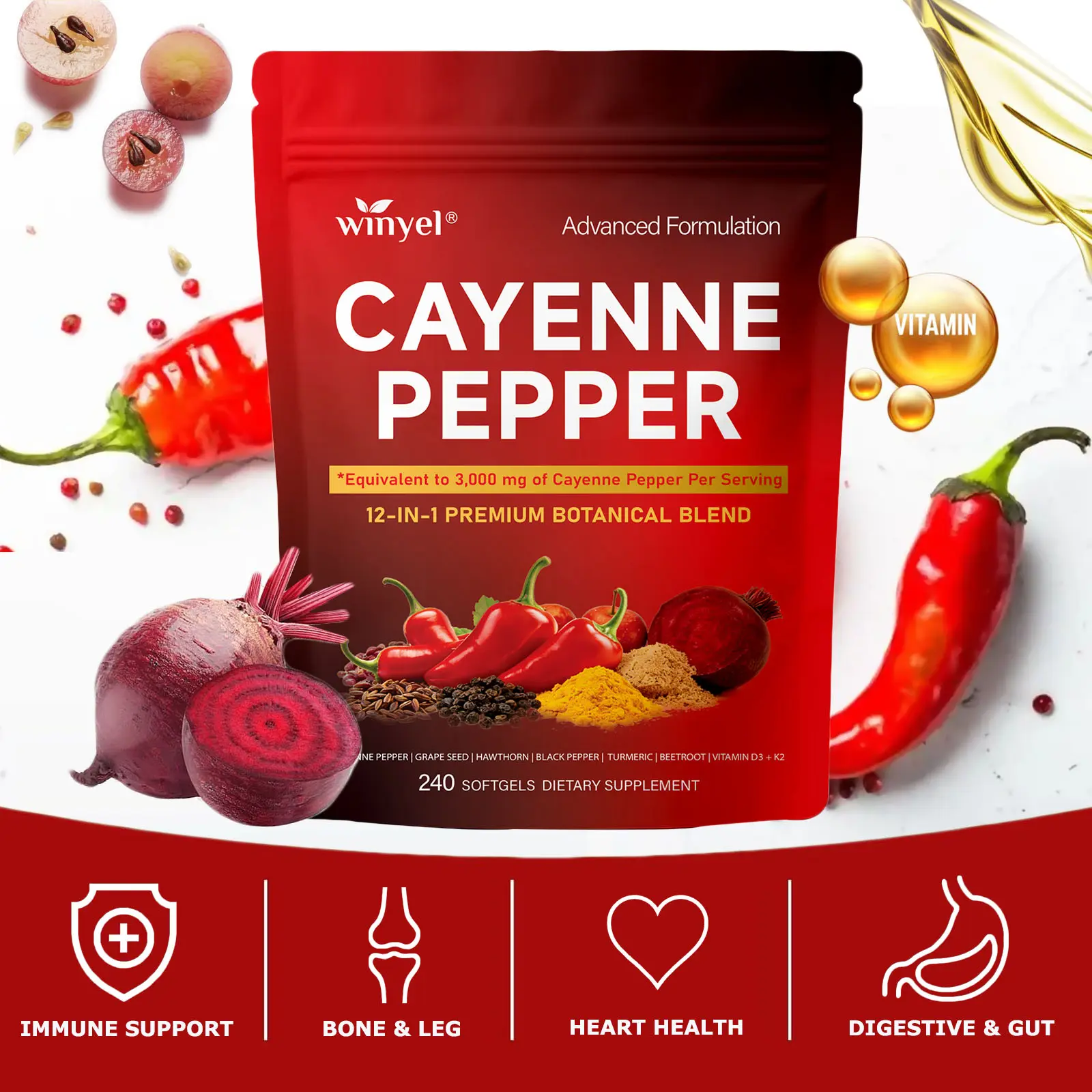 Winyel 12-in-1 Premium Cayenne Pepper Supplement – 3000mg Equivalent, Advanced Botanical Blend with Turmeric, Ginseng & Vitamin D3 K2 – Complete Body Support for Metabolism, Heart & Joints – 240 Softgels (80-Day Supply)