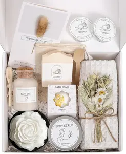 Coralogo Coconut Spa Gifts for Women - 12pc Self-care Spa Gift Basket with Bath Salt, Greeting Card - Thinking of You Basket for Her Birthday, Christmas, Mother's Day, Valentine's Day