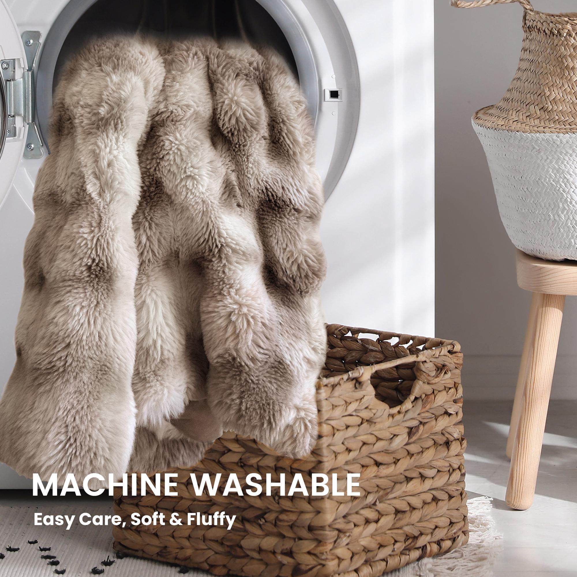 Faux Rabbit Fur Throw Blanket, Ultra Soft Fluffy Warm Decorative Blanket for Couch Sofa Bed, All-Season Cozy Blanket, Light Taupe