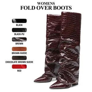 CYNLLIO Knee High Boots for Women Elegant Pointed Toe Chunky Block Heel Fold Over Slouchy Boot Pull On Trendy Tall Boot Spring Shoes for Women Boots Valentine Gifts