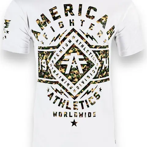 American Fighter Menswear Crew Neck Graphic Print Short Sleeve Shirts - 50/50 Cotton Mix, Slim-Fit, Pull-On Closure, Heat Transfer Tag, All Seasons, Sporty Casual, Cold Wash