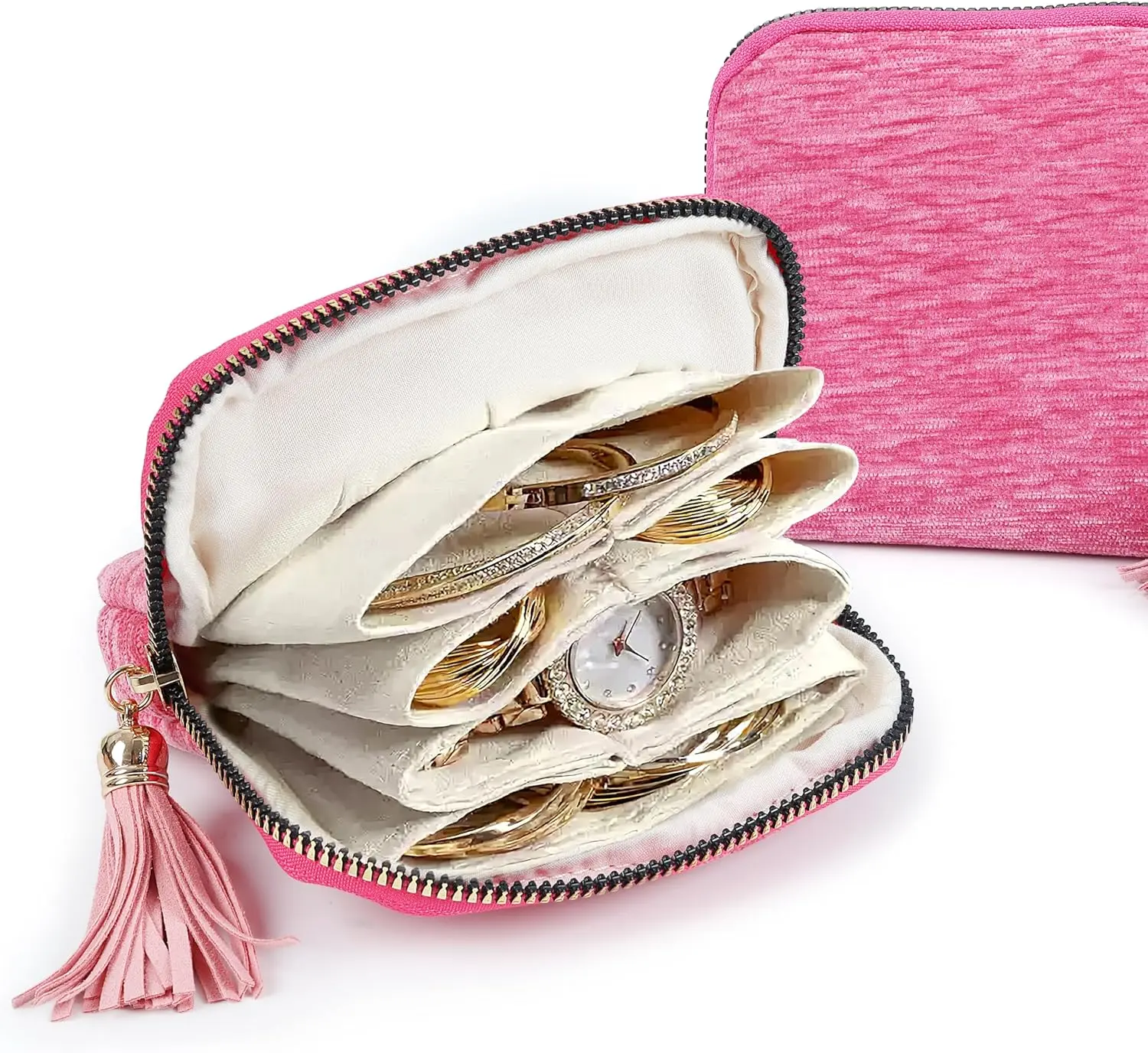 （Azalea Pink）Jewelry Travel Case - Small Jewelry Pouch for Bracelets Necklace Bangles Healing Crystal, Portable Earring Ring Organizer for Traveling with Zipper Gift for Women, Azalea Pink