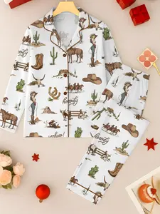 Cute Rustic Americana Western Satin Pajama Sets for Women, Vintage Cowboy Short Sleeve Top & Shorts, Comfortable Summer Sleepwear Set, Loungewear Pajama, Relaxing Sleeping Clothes, Soft Satin PJs, Western Style Pajamas