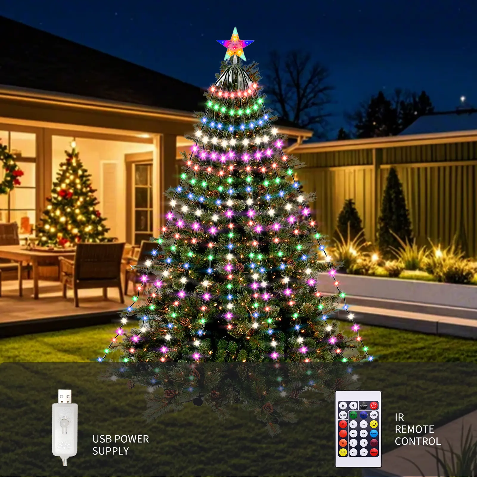 Christmas Decorations, LED Christmas String Lights with 9 Strands 6,5ft Waterfall Christmas Tree Lights, 8 Modes, Waterproof, Timer for Yard Patio Outdoor Xmas Décor, Flowing Multicolor Ornaments