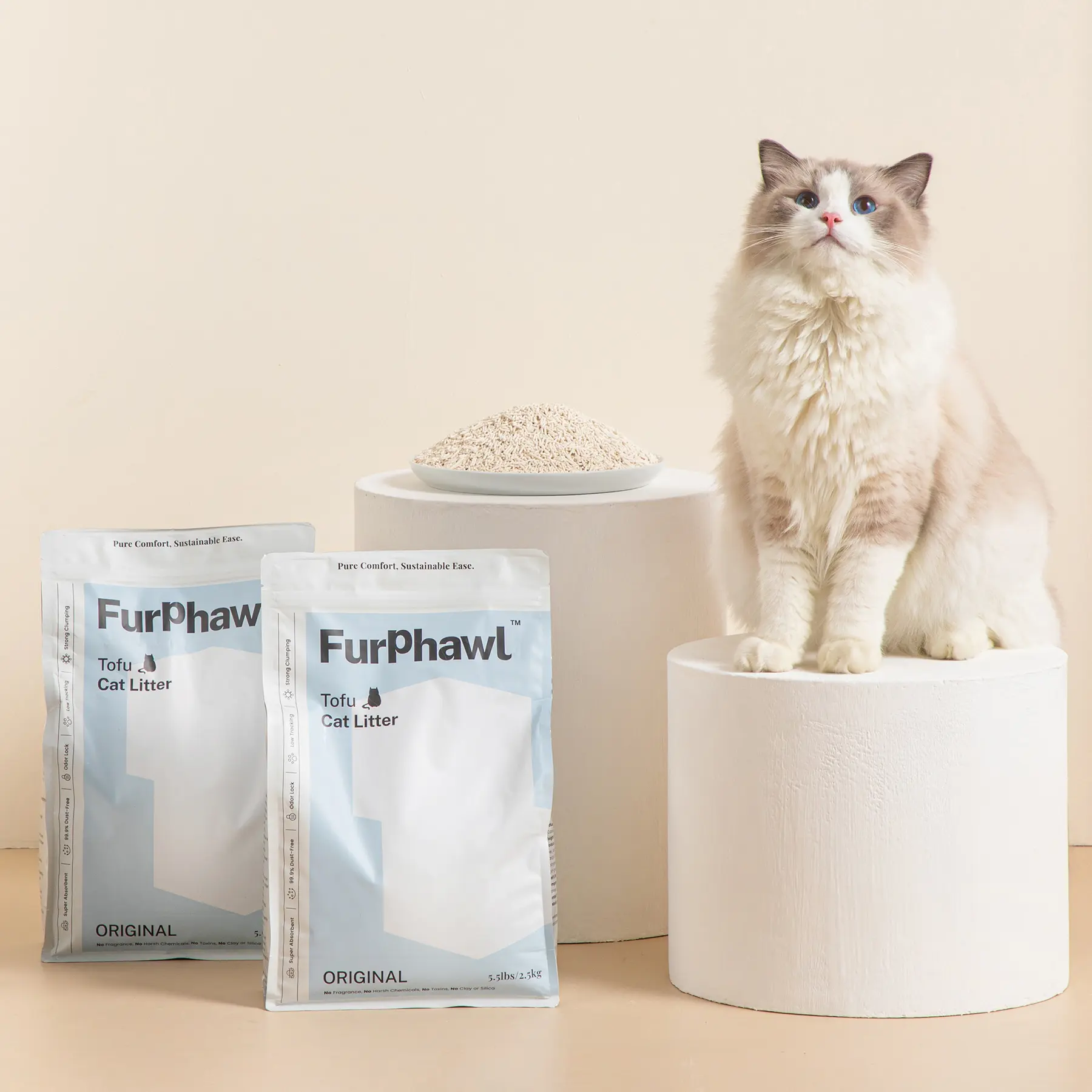 FurPhawl – Tofu Cat Litter, Quick Clumping, Low Tracking, Low Dust, 100% Natural, Flushable, Lightweight, Odor Control Litterbox