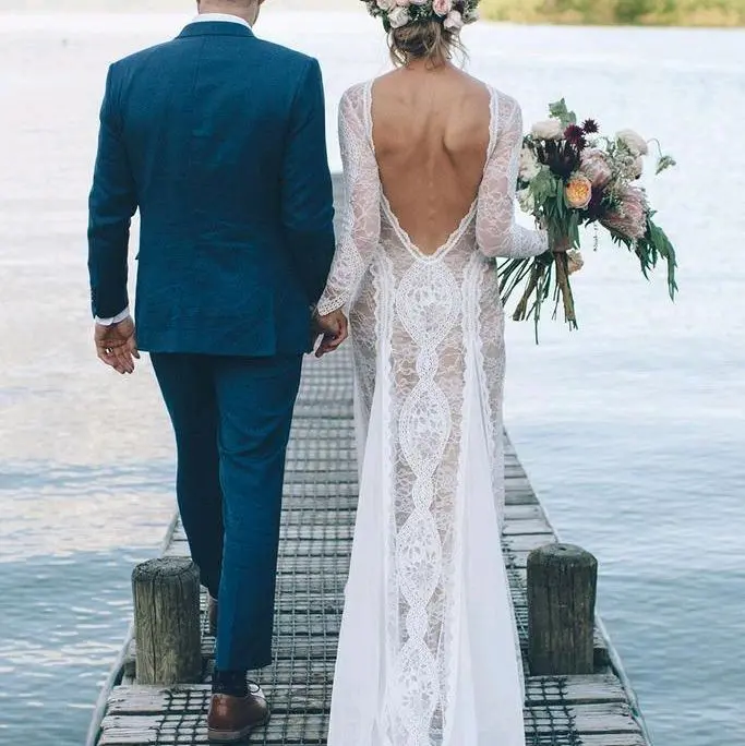 Women's Vintage Bohemian Formal Chiffon Boat Neck Crochet Lace Backless Long Sleeve Beach Wedding Dress, Elegant Bridal Gown, Sheer