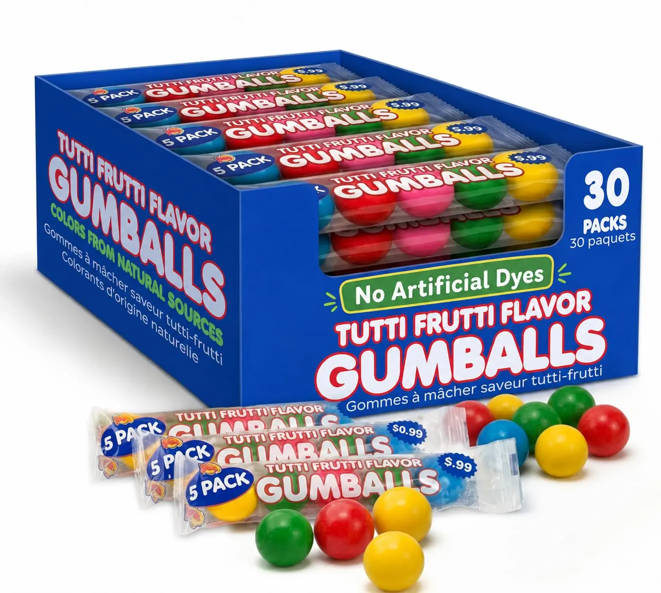 Lalees Bulk Gumballs - No Artificial Dyes - Pack of 30 Tubes - Rainbow Gum Balls Tubes - Tutti Frutti Flavored - Bulk Chewing Candy for Sporting Events